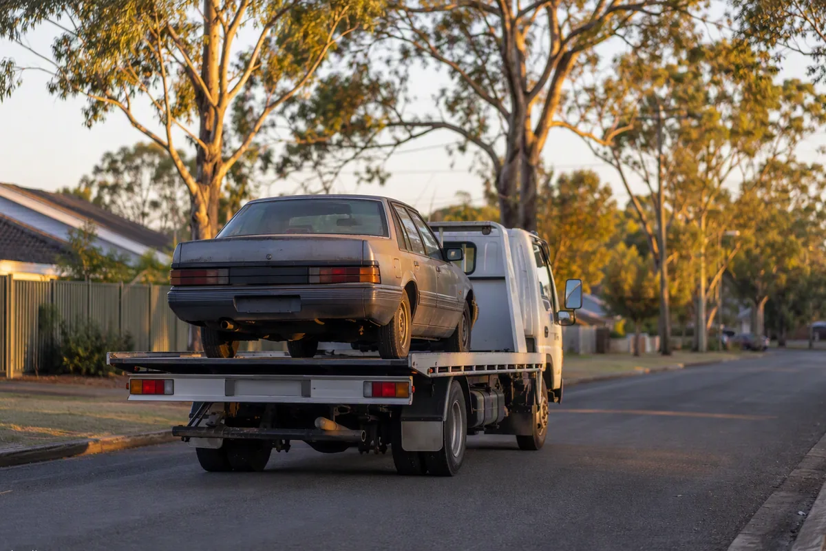 Tilt-tray tow truck carrying an unwanted sedan down a Sydney street