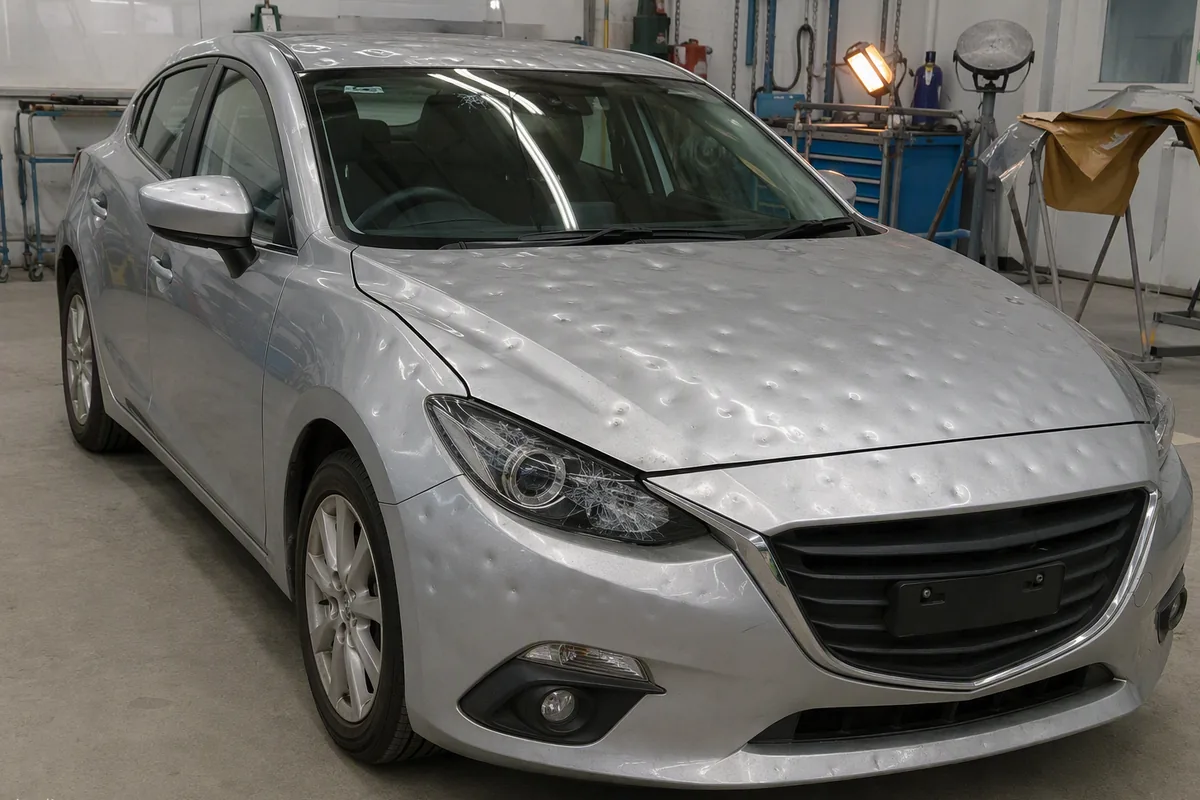 Damaged car before repair. Dents and cracked panels